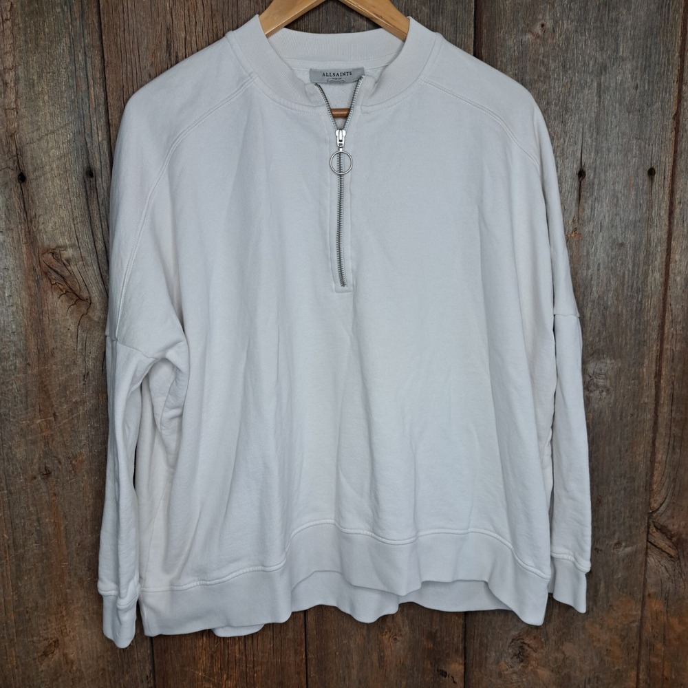 Clean Girl All Saints Artillery Sweat Ring-Pull 1/4 Zip XS/S Ivory Drop Shoulder